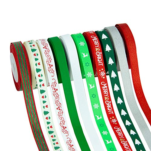 VATIN 20 Rolls 110 Yards Christmas Ribbons Printed Grosgrain Ribbon Polyester Satin Ribbon Organze Ribbon 3/8" Xmas Ribbon Set for Christmas Gift Box Wrapping,Sewing,Hair Banding,DIY Craft-Clearance