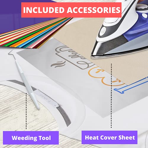Kassa HTV Assorted Colors Heat Transfer Vinyl: 30 Sheets, 12” x 10” Each; Iron-On or Heat Press Vinyl for T-Shirts, Clothing and Textiles; Includes Teflon Sheet and Weeding Tool for Easy Transfers
