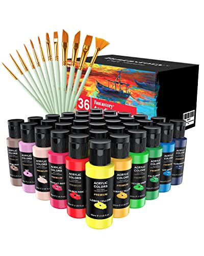 Fantastory Acrylic Paint Set 36 Colors(2oz /60ml) with 12 Brushes, Professional Craft Thick Paints Kits for Adults and Kids, Canvas Wood Fabric Ceramic Rock Painting Supplies