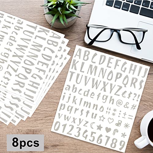 Alphabet Letter Stickers Glitter, 8 Sheets 680Pcs Alphabet and Number Stickers Self Adhesive Letter Number Stickers for Grad Cap Decoration DIY Crafts Art Making Christmas Mailbox Door Signs (Silver)