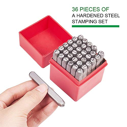 PH PandaHall 36 Pcs Letter and Number Metal Stamp Set, 1/4 inch 6mm Alphabet A-Z and Number 0-9 and Symbol, Iron Uppercase Stamps Punch Press Tool for Imprinting on Metal Jewelry Leather Wood