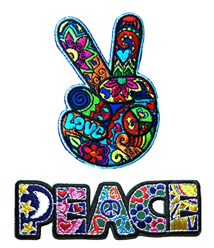 2 pcs Set Peace Hand Sign + Peace Letters Patches - Iron On/Sew On - Retro Hippie Patches, Cute Applique for Jackets, Jeans, Clothes, Backpacks, Tote Bags