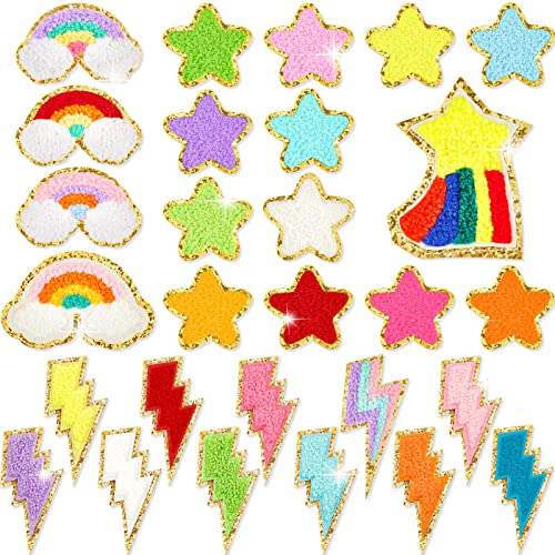 28 Pcs Iron On Patches Colorful Sew Iron on Patch Cute Chenille Embroidered Patches Applique Patches for Clothing Fabric Jackets Jeans Repair Decor Craft (Lovely Style)