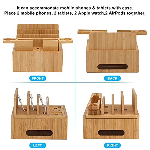 Bamboo Charging Station Organizer for Multiple Devices (Included 5 Port USB Charger, 6 Pack Charge & Sync Cable, with Earbuds & Watch Stand), Electronic Device Desktop Stations for Cell Phone, Tablet