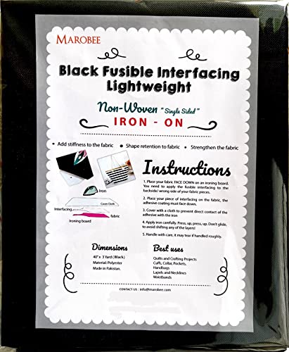 MAROBEE Black Lightweight Fusible Interfacing Iron On for Sewing Projects, (40 Inch x 3 Yard) Non-Woven