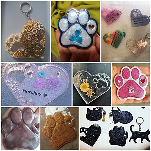 Mity rain 4 Pcs Resin Molds Silicone Keychain, Large Dog Paw Print Heart Silicone Molds for Epoxy Resin with 20Pcs Keyrings for DIY Christmas Day Valentine's Mother's Day Gifts, Dog Tags, Polymer Clay