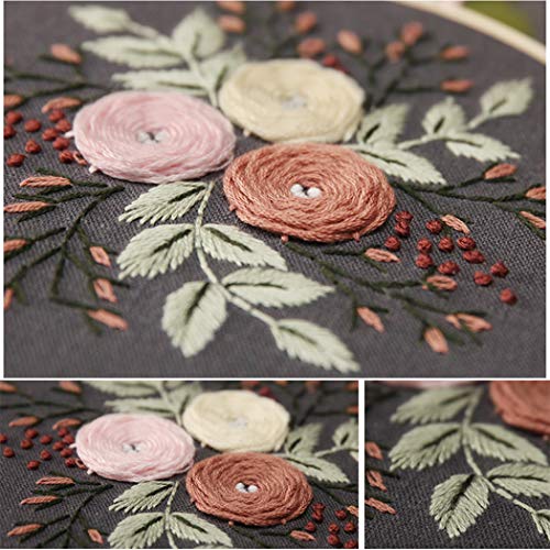 Full Range of Embroidery Starter Kit with Pattern, Kissbuty Cross Stitch Kit Including Stamped Embroidery Fabric with Floral Pattern, Bamboo Embroidery Hoop, Color Threads and Tools Kit (Pretty Roses)