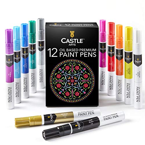 Castle Art Supplies 12 Oil Based Paint Pens Vibrant Premium Colored Markers for adults beginning artists | Color on Rocks Stones Metal Wood Ceramic Vinyl Glass Plastic | Weather resistant