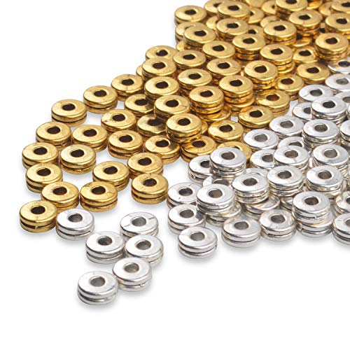 Metal Spacer Beads,200pcs Flat Round Disc Rondelle Spacer Beads Metal Rondelle Beads Spacers for Jewelry Making(6mm) - Silver and Golden