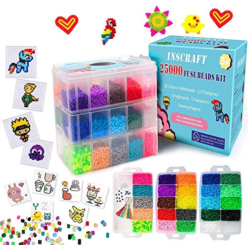 Fuse Beads, 25,000 pcs Fuse Beads Kit 26 Colors 5MM, Including 127 Patterns, 4 Big Square Pegboards, 1 Heart Pegboards, 1 Flower Pegboards, Ironing Paper, Tweezers, Beads Compatible by INSCRAFT
