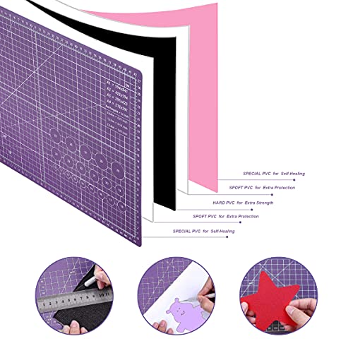Self Healing Cutting Mat 18"x12" Non-Slip PVC Double Sided 5-Ply A3 Art Craft Rotating Mat, Rotary Cutting Mat for Quilting, Sewing Crafts Hobby Fabric Precision Scrapbooking Project(Pink/Purple)
