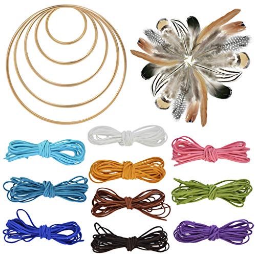 Nydotd 125Pcs Dream Catcher Making Kit, 15 Pcs Metal Rings Hoops Macrame Ring in 5 Size Gold, 100pcs 6 Styled Feathers, 10 Pcs 3 mm Faux Suede Cord for Dream Catcher Crafts Birthday Party