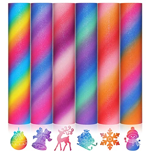 MECOLOUR Rainbow Permanent Adhesive Vinyl 6 Sheets Bundle 12" X 12" Colors Craft Vinyl for Cricut & Any Cutter Machine for Christmas Halloween Sticker Vinyl, Craft Cutter, Car Decal,Signs