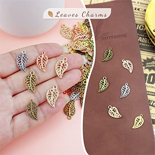 JIALEEY 210PCS Hollow Filigree Leaves Charms Pendants Craft Supplies for Necklace Bracelet Jewelry Making, Mixed 6 Color