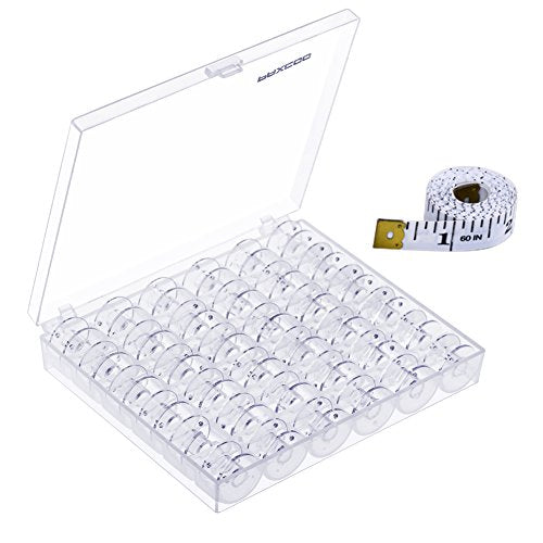 PAXCOO 36 Pcs Transparent Plastic Sewing Machine Bobbins with Case and Soft Measuring Tape for Brother Singer Babylock Janome