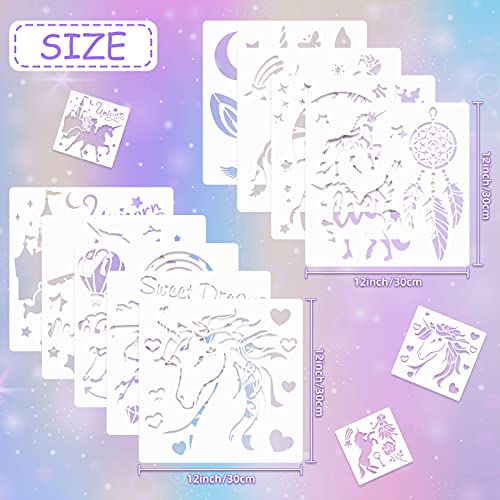 9 Pieces Unicorn Stencils Christmas Winter Painting Templates Craft for Arts Card Making Journal Scrapbooking DIY Furniture Wall Floor Painting on Wood Fabric (12 x 12 Inches)