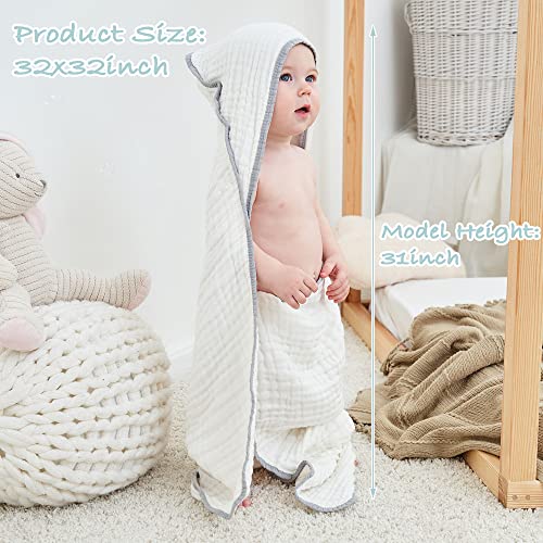 Yoofoss Hooded Baby Towels 100% Muslin Cotton 2 Pack Baby Bath Towel 32x32Inch, Extra Soft and Absorbent Hooded Towels for Baby, Infant and Toddler, Baby Bath Essential for Boys Girls (White & Grey)
