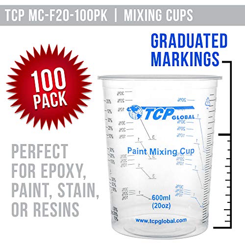 TCP Global 20 Ounce (600ml) Disposable Flexible Clear Graduated Plastic Mixing Cups - Box of 100 Cups & 50 Mixing Sticks - Use for Paint, Resin, Epoxy, Art, Kitchen - Measuring Ratios 2-1, 3-1, 4-1 ML