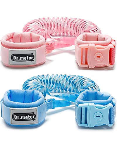 Anti Lost Wrist Link, Dr.meter 2 Pack Toddler Safety Leash with Key Lock, Reflective Child Walking Harness Rope Leash for Kids Babies - Dual 8.2ft Length Blue and Pink