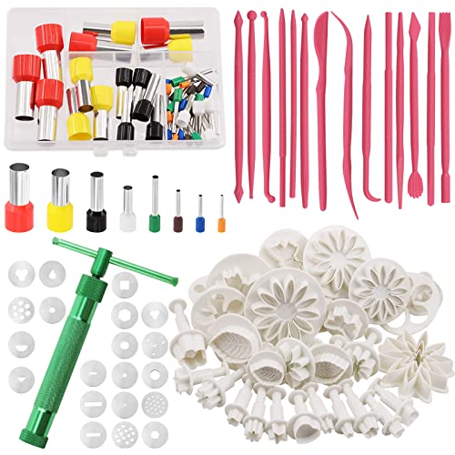 Swpeet 122Pcs Green Clay Extruder Gun and Fondant Cake Mold with Cookie Plunger Cutter Tool Polymer Clay Cutters Kit, Perfect for Clay Cake DIY Craft Cake Decorating Supplies Modeling Tool