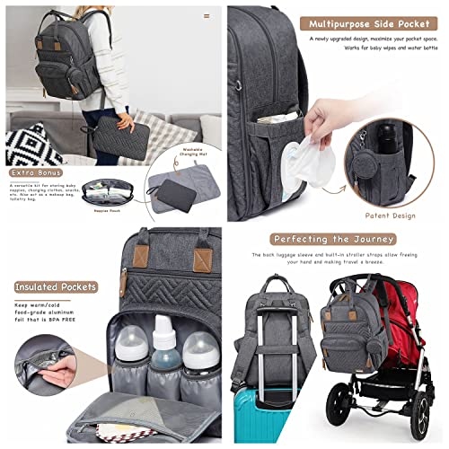 iniuniu Diaper Bag Backpack, Large Unisex Baby Bags for Boys Girls, Waterproof Travel Back Pack with Diaper Pouch, Washable Changing Pad, Pacifier Case and Stroller Straps, Dark Gray