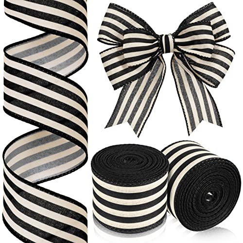 2 Rolls 20 Yard Black and White Stripes Wired Edge Ribbon Rustic Ivory Ribbon Boho Ribbon for DIY Crafts Home Decor Gift Wrapping Bow Wreath Making Christmas Wedding Party Decorations (2 Inch)