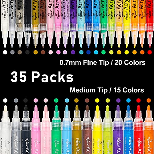35 Premium Acrylic Paint Marker Pens, Double Pack of Both Extra Fine and Medium Tip, for Rock Painting, Mug, Ceramic, Glass, Wood, Fabric Painting, Canvas,Metal,Water Based Quick Dry Non Toxic No Odor