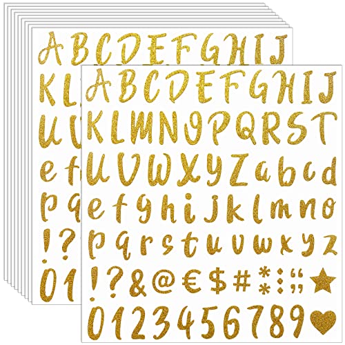 Waynoda 810 Pieces 10 Sheets Self-Adhesive Glitter Gold Letter Stickers, Alphabet Number Stickers, Decals for Sign, Mailbox, Notebook, Window, Classroom Decor, Door, Business, Address Number (1 Inch)