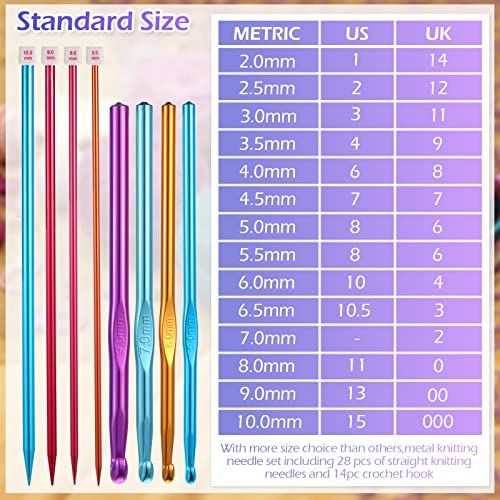 64 Packs Stainless Steel Knitting Needle Set Colored Straight Single Pointed Knitting Needles Aluminum Crochet Hooks Set 14 Size from 2.0-10.0 mm Extra Long Straight Sweater Needles for DIY Knitting