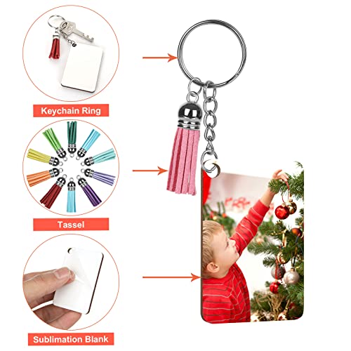 DAJAVE 120 Pieces Sublimation Keychain Blanks Set, Sublimation Keychains Bulk with Rectangle Sublimation Blanks, Keychain Tassels, Keychain Rings and Jump Rings for DIY and Craft, Double-Side Printed
