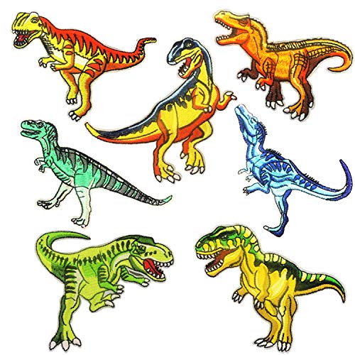 Dinosaur Iron on Patches Woohome 7 PCS Tyrannosaurus Rex Theme Logo Series Iron on Patches DIY Sew Decoration Appliques Stickers for Jeans Jacket, Clothing, Caps, Repair The Hole