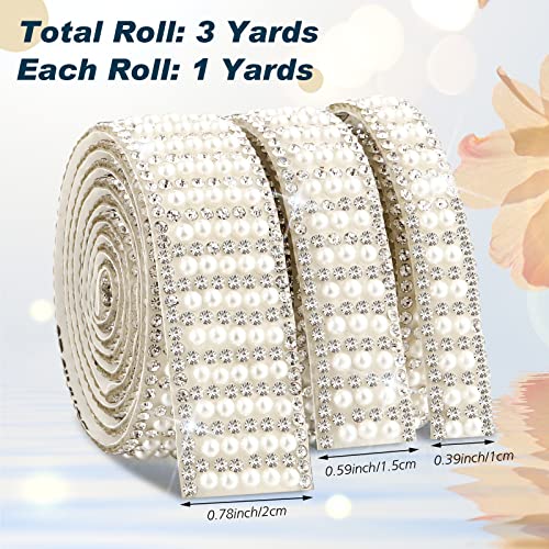 Pearl Stickers 3 Rolls Self Adhesive Pearl Rhinestone Ribbon Pearl Wrap Roll Crystal Pearl Strips for DIY Wedding Birthday Party Crafts Decoration (Order Style)