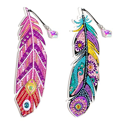 2 Pieces DIY Diamond Drawing Feather Bookmarks 5D Diamond Drawing Bookmarks Feather Bookmarks Floral Rhinestone Bookmarks Acrylic Art Bookmarks Adult Kids Craft Supplies