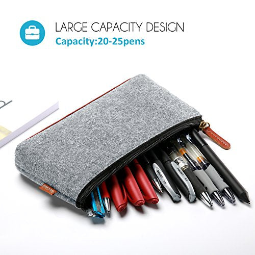 ProCase Pencil Bag Pen Case, Felt Students Stationery Pouch Zipper Bag for Pens, Pencils, Highlighters, Gel Pen, Markers, Eraser and Other School Supplies -2 Pack, Small, Grey