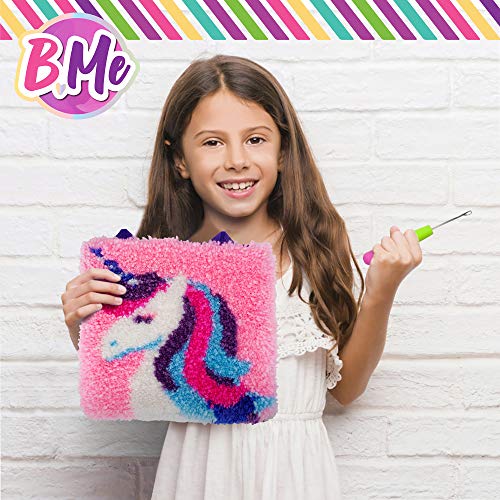 B Me DIY Unicorn Latch Hook Kit for Girls – Mini Rug Sewing Set with 15 Colorful Yarn Bundles, Color-Coded Canvas, DIY Grils Bedroom Décor Idea Perfect Birthday & Gift Age 6+