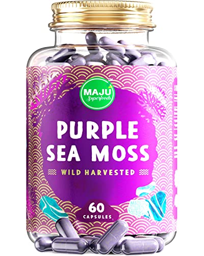 MAJU's Powerful Purple Sea Moss Capsules (60 ct), Extra-Strength Purple Minerals, Raw Chondrus Crispus, Stronger Than Gel, Compare with Organic Irish Seamoss Capsule, Wild Harvested Powder Pills