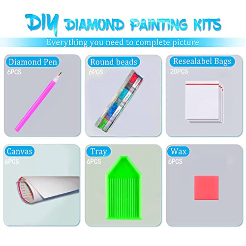 6-Pack Diamond Painting Kits, 5D Diamond Art Painting Kit for Adults, Kids DIY Full Diamond Cross Stitch Art Kit Digital Painting, Butterfly Landscape Home Wall Decor Craft (12 x 16" Frameless)