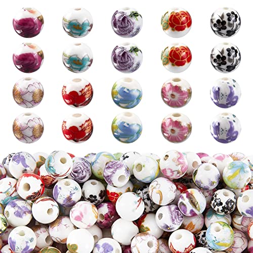 PH PandaHall 200pcs 10 Style Porcelain Flower Beads 8mm Traditional Chinese Handmade Spacer Beads for Necklace, Bracelet, Earring Making Christmas Tree Ornament