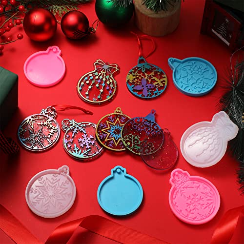 Perthlin 12 Pcs Christmas Resin Mold with Ribbon, Round Shape Silicone Ornament Molds Smooth Surface DIY Craft Keychain Molds for Epoxy Resin Jewelry Making Party Supplies, Red