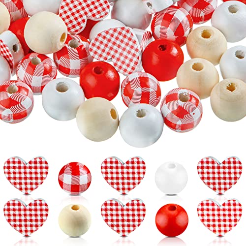 125 Pieces Fall Wood Beads Colorful Farmhouse Beads Decorative Polished Beads Natural Rustic Home Decor for Thanksgiving Christmas Autumn Garland (Maple) (Red, White, Heart)
