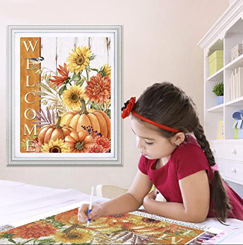 Fall Diamond Art Painting Kits for Adults - Pumpkin Round Full Drill Diamond Dots Paintings for Beginners, 5D Paint with Diamonds Welcome Autumn Gem Art Painting Kits DIY Adult Crafts Project Picture