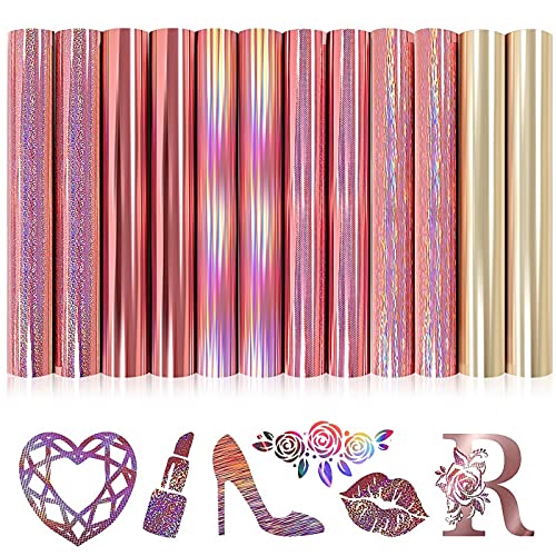 MJartoria Rose Gold Holographic Vinyl Bundle 12 Sheets, 12'' x10'' Glitter Permanent Craft Adhesive Vinyl, for Glass Cups Mirrors Mugs Decals Signs Scrapbook DIY Projects Supplies