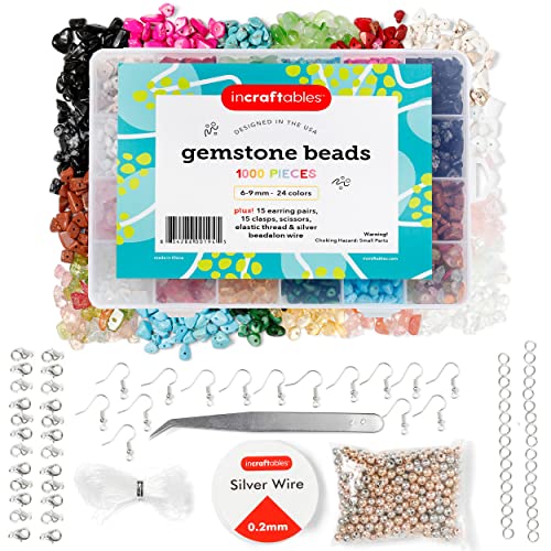 Incraftables 1000pcs Chip Crystal Beads (24 Colors Gemstones). Best Rock Beads for Jewelry Making, Rings & DIY Crafts. Bulk Natural Stone Chip Beads w/ Spacer Bead, Earrings & Bracelet Wire (6-9 mm)