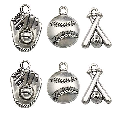 60PCS Baseball Charms Collection - Mixed Antique Silver Bat Glove Ballgame Sports Ball Softball Metal Alloy Pendants for Jewelry Making DIY Findings(CFM130)