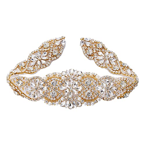 Gold Beaded Trim Crystal Rhinestone Applique Embellishments for Bridal Wedding Dress Sash Bridesmaid Gown Womens Prom Formal Belt
