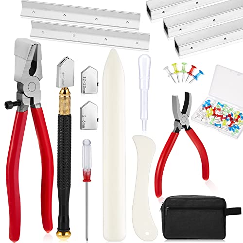 18 Pcs Stained Glass Supplies Glass Cutter Kit Including 2 Pcs Class Running Breaking and Heavy Duty Glass Cutting Tool 8 Pcs Layout Block System 2 Pcs Storage Bag for Stained Glass Cutting Supplies