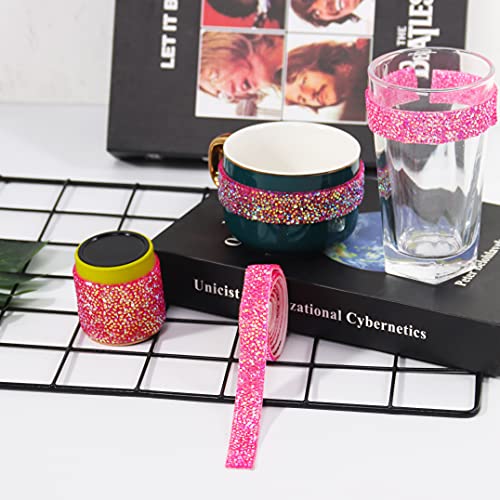 Self Adhesive Crystal Rhinestone Ribbon 4 Yards Bling Ribbons Roll Banding Belt Wrap Gem Stickers for Wedding Cakes Birthday Crafts Sandals Decorations, 4 Rolls in 4 Sizes (Pink-AB)