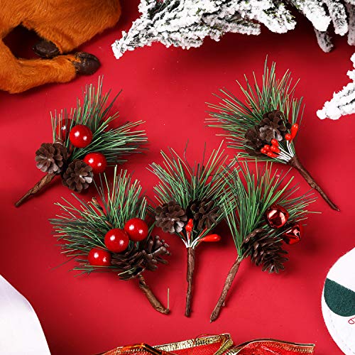 24 Pieces Christmas Pine Picks Small Fake Berries Pinecones Artificial Pine Tree for Wedding Garden Christmas Tree Craft Decorations (Style Set 2)