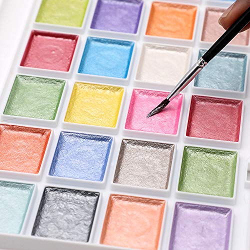 Artecho Watercolor Semi-Moist Paint Set, 28 Metallic Colors Watercolor Cake Set with Classic Paint Brush, Idea for Kids and Adults
