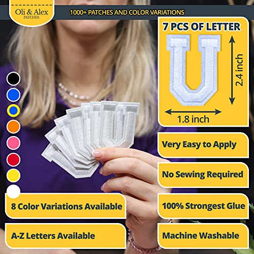 Oli and Alex Iron On Letters 2.4 inch - 7 pcs of U White Patches Letters for Clothing - Super Glue - No sew Needed - Embroidery Alphabet Football Team School University - White, U